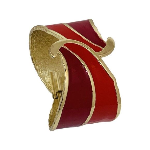 Vintage Pink Red Enamel Gold Tone Swirl Retro Clamper Bangle Bracelet Sz 6.5 - Picture 6 of 6